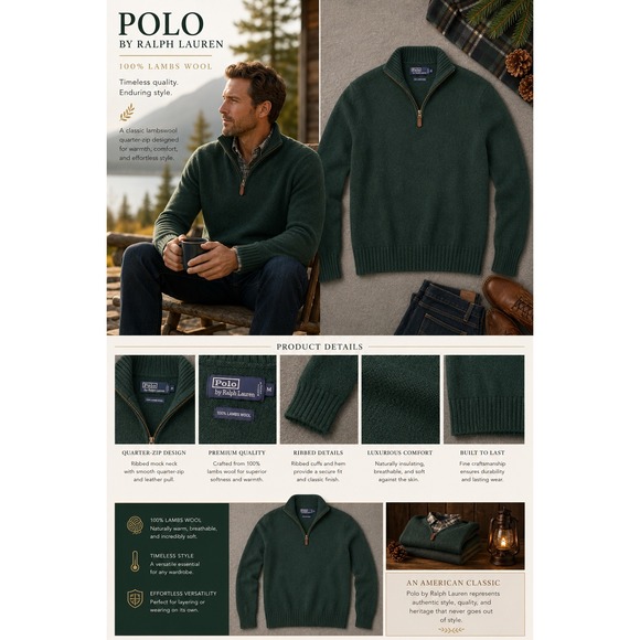 Polo Ralph Lauren Other - Polo Ralph Lauren Mens Green 100% Lambswool Quarter Zip Sweater Size M